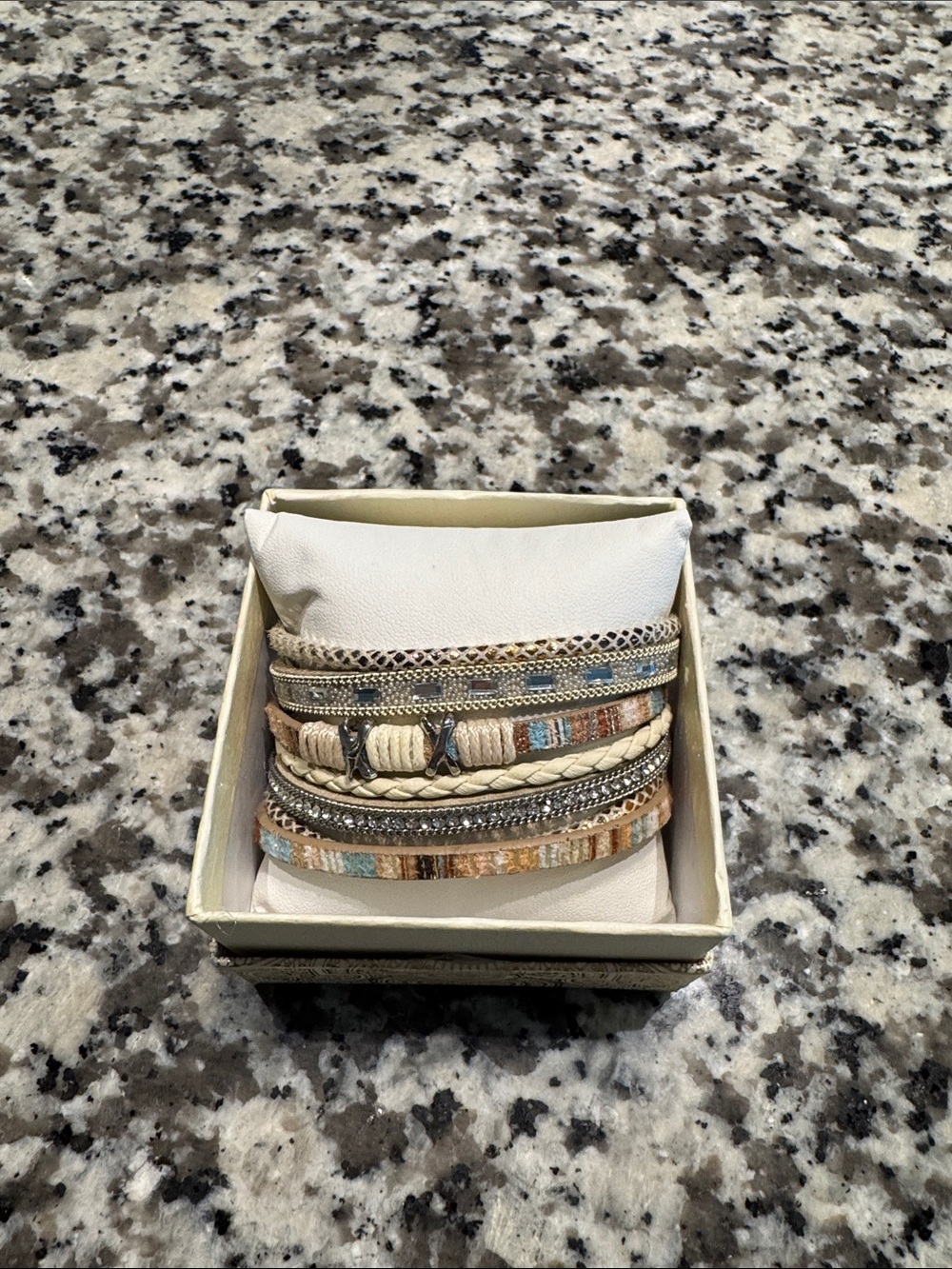 SAACHI Neutral Multi-Row Mixed-Material Bracelet Set with Blue Accents